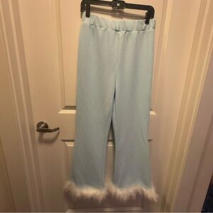 Vintage Baby Blue Pants with White Faux Fur Trim